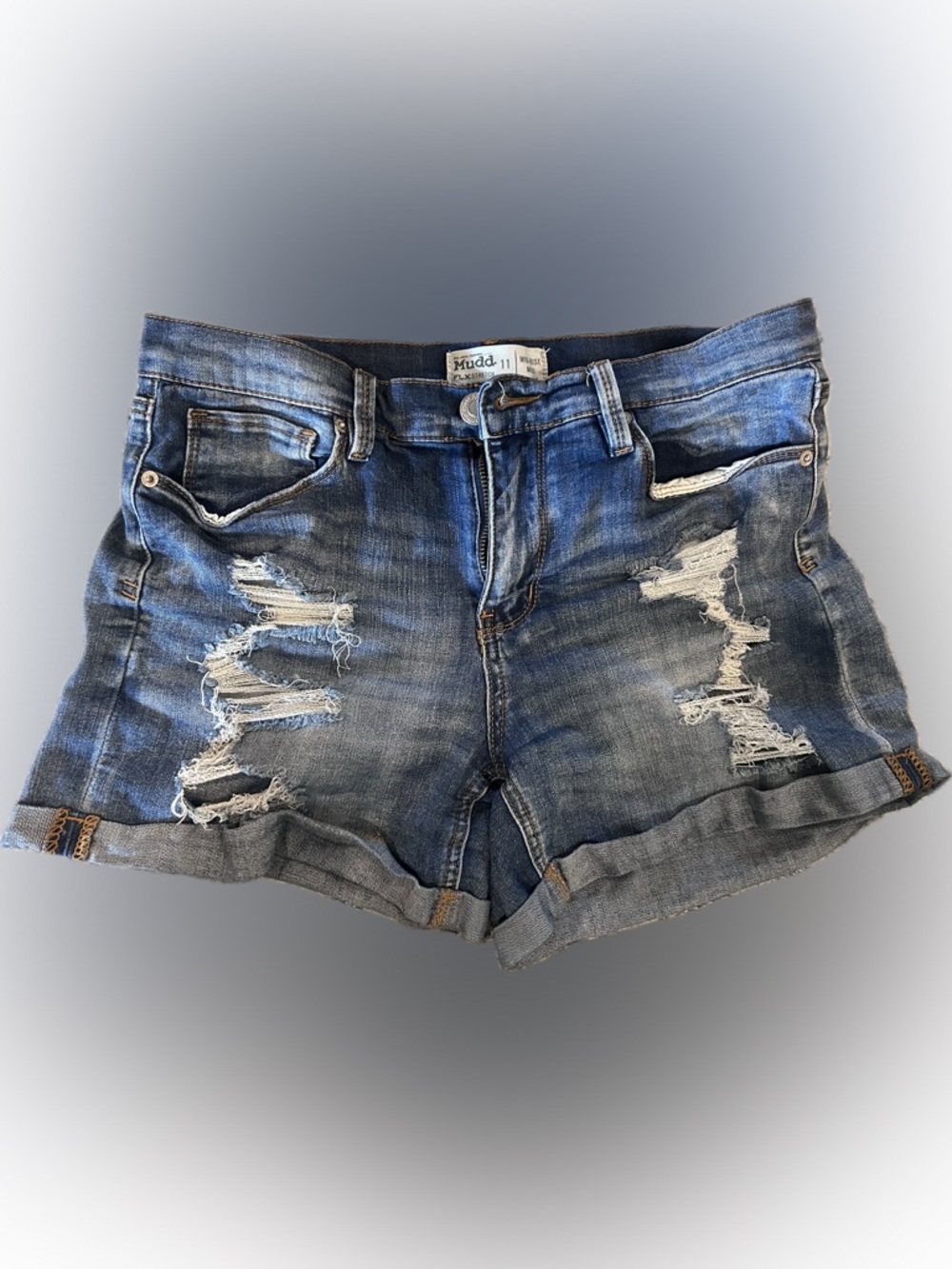Mudd Distressed Blue Denim Junior’s Shorts with Rolled Hem
